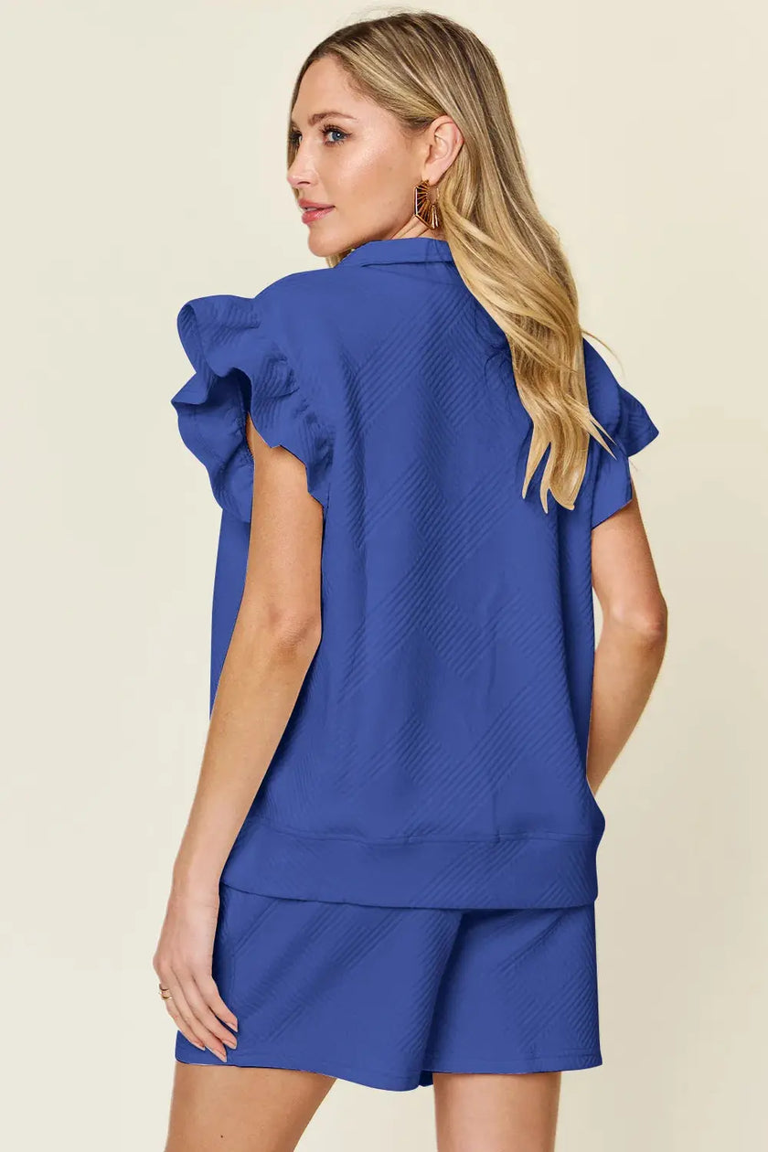 Double Take Texture Flounce Sleeve Top and Drawstring Shorts Set  Style Ratio