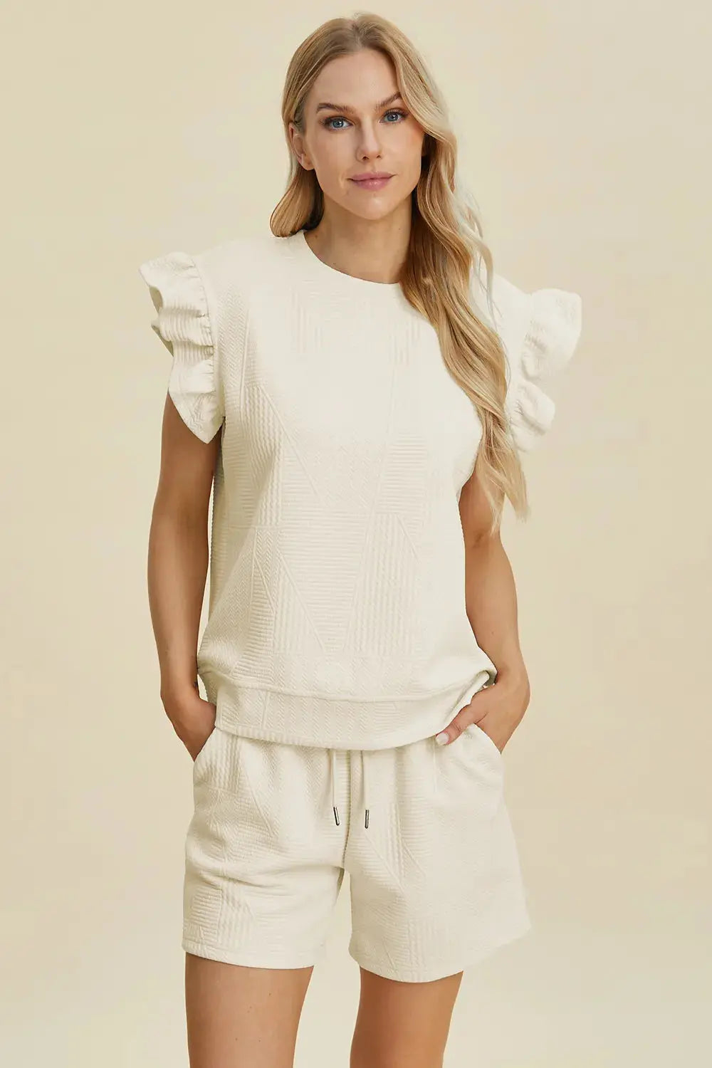 Double Take Full Size Texture Round Neck Ruffle Sleeve Top and Shorts Set  Style Ratio