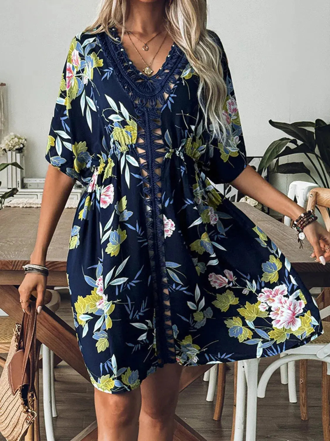 Crochet Front V-Neck Printed Cover-Up  Style Ratio