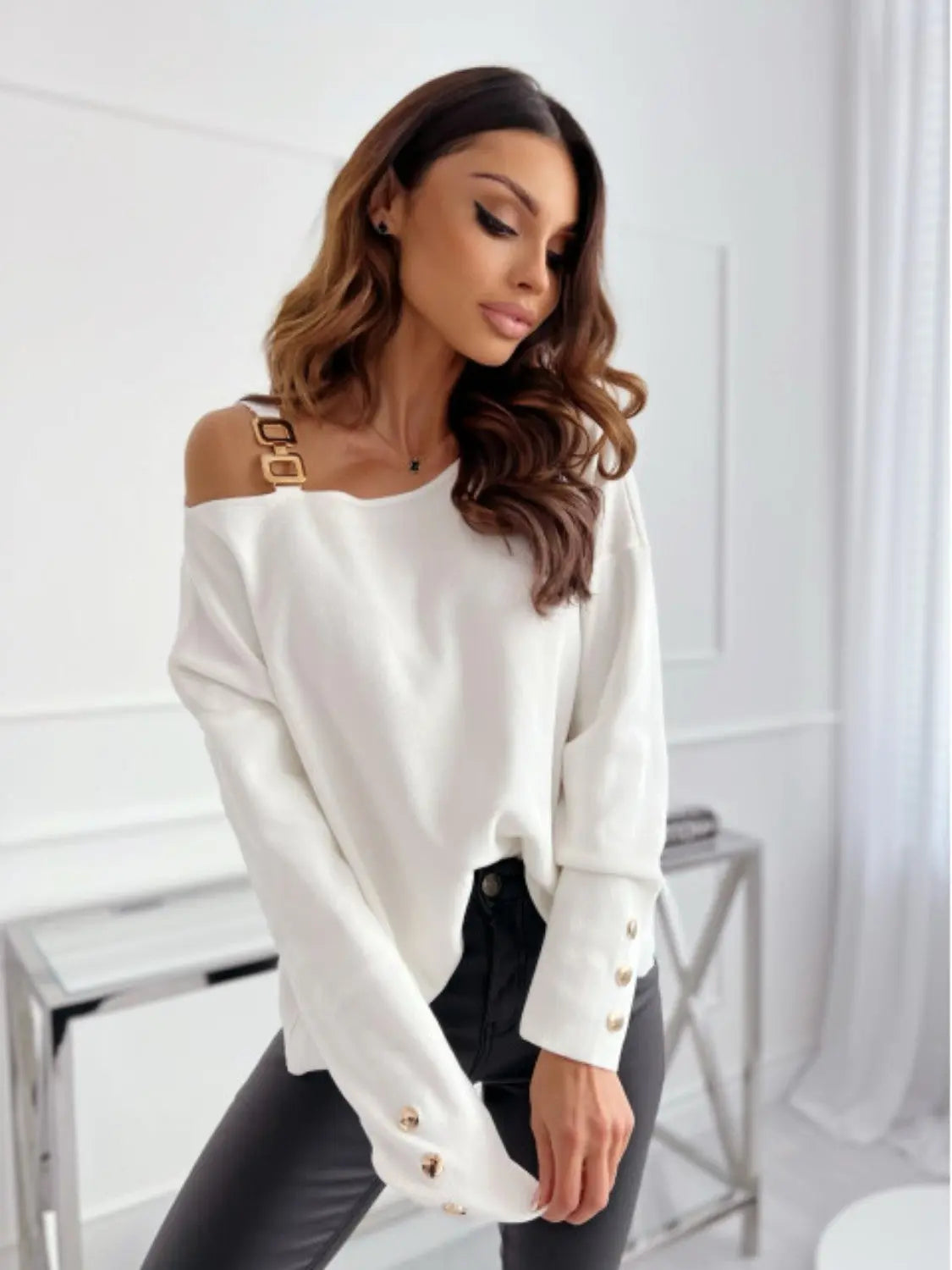 Asymmetrical Neck Buttoned Top  Style Ratio