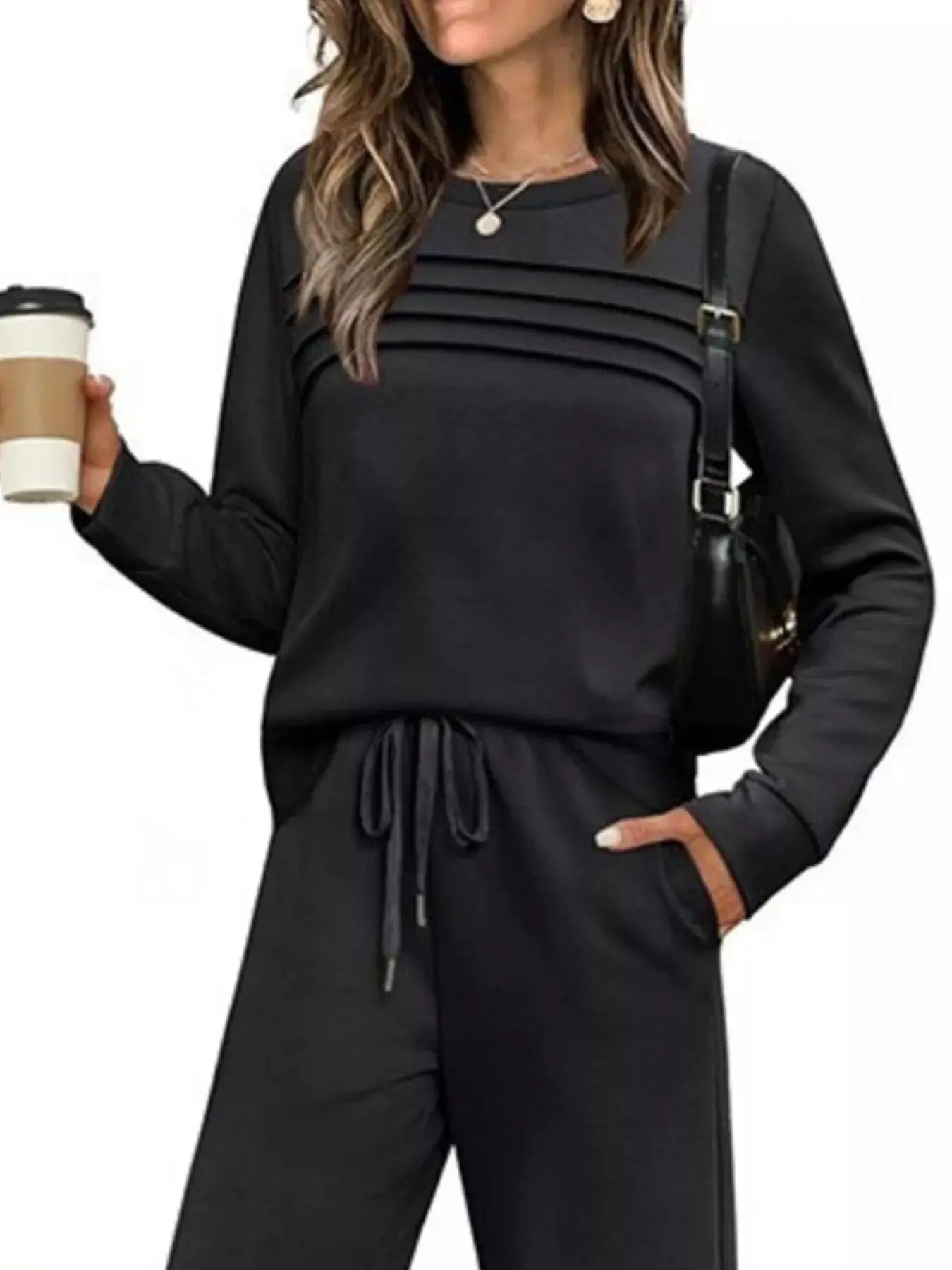 Full Size Long Sleeve Round Neck Top and Pants Set  Style Ratio