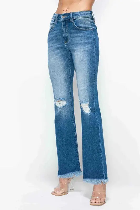 bytos Full Size Raw Hem Distressed High Rise Bootcut Jeans  Style Ratio