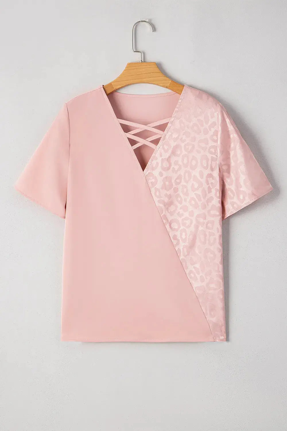 Leopard Jacquard Patchwork Crisscross V Neck Short Sleeve Blouse  Style Ratio