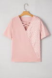 Leopard Jacquard Patchwork Crisscross V Neck Short Sleeve Blouse  Style Ratio