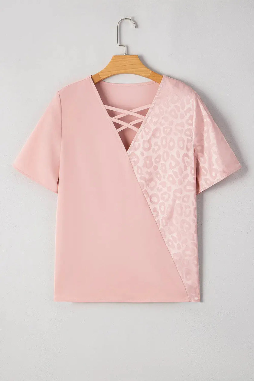 Leopard Jacquard Patchwork Crisscross V Neck Short Sleeve Blouse  Style Ratio