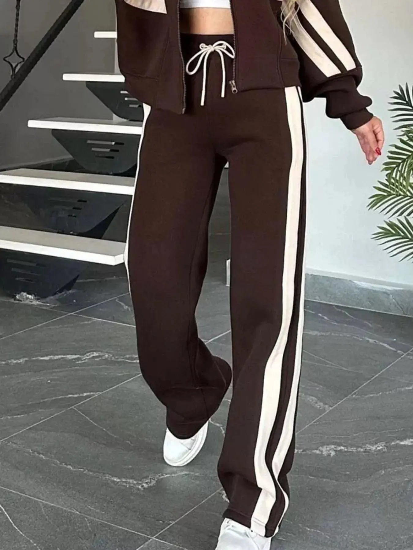 Full Size Contrast Stripe Zip Up Jacket and Pants Set  Style Ratio