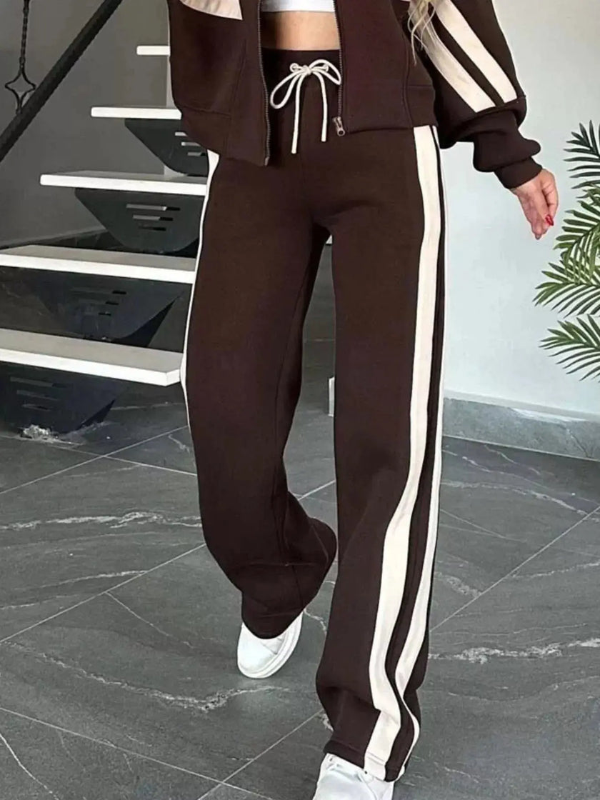 Full Size Contrast Stripe Zip Up Jacket and Pants Set  Style Ratio