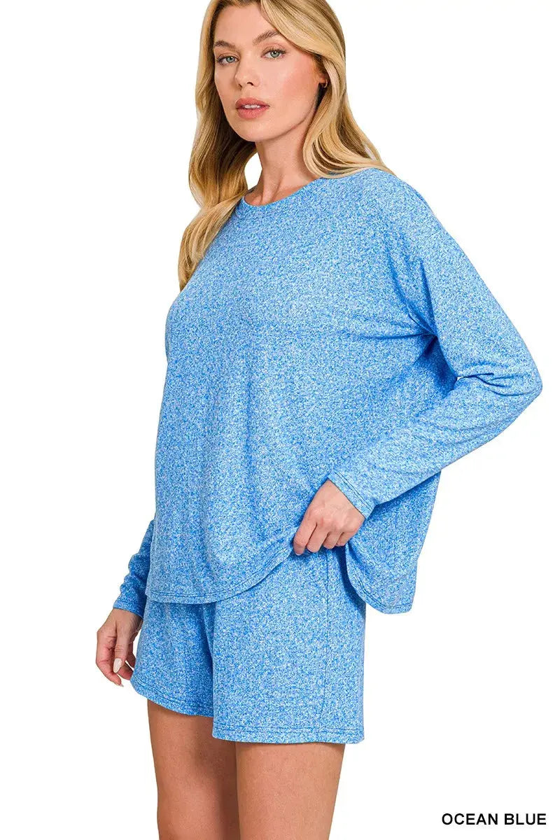Zenana Soft Melange Long Sleeve and Shorts Loungewear  Style Ratio
