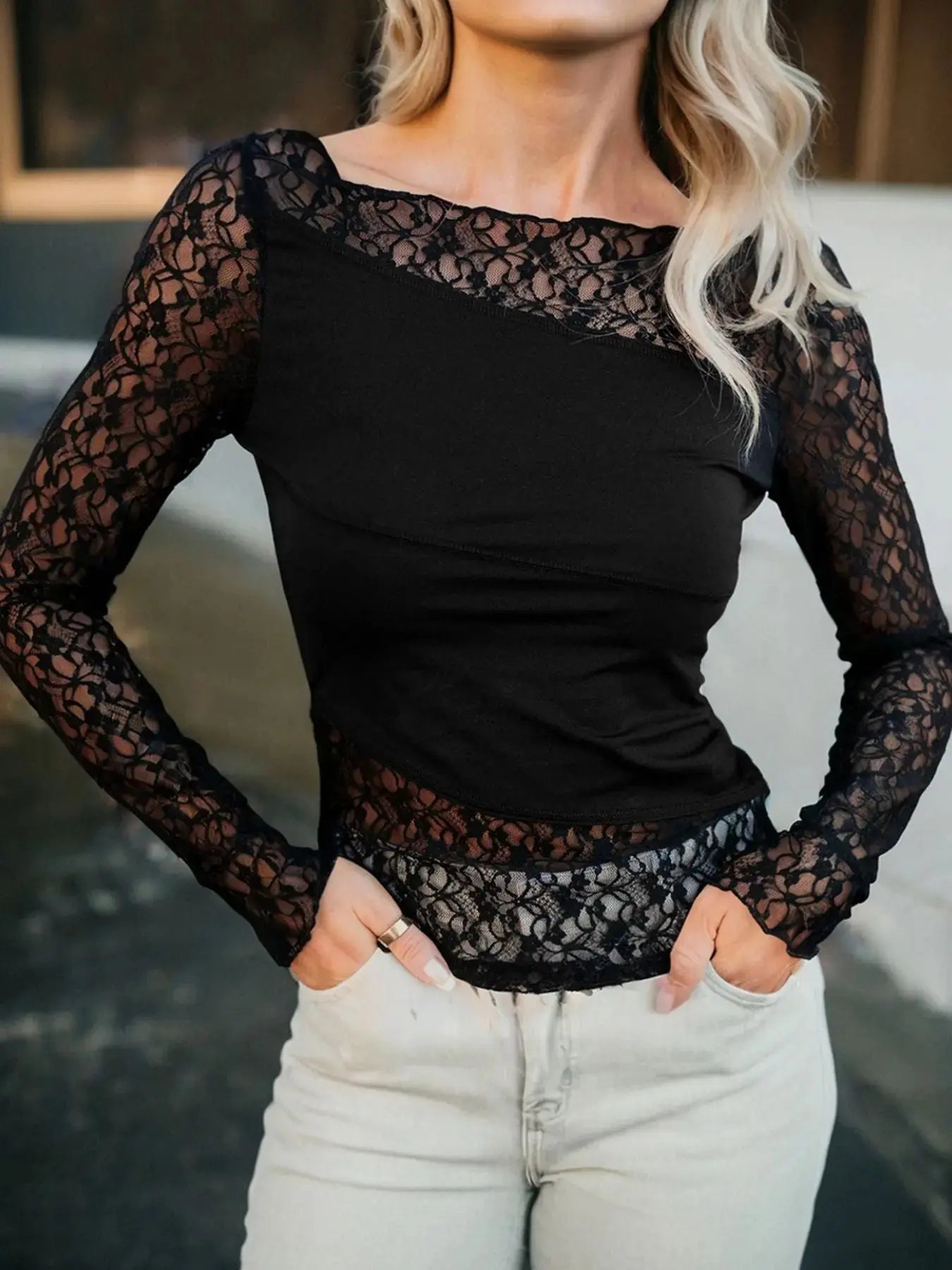 Asymmetric Sheer Floral Lace Long Sleeve Top  Style Ratio