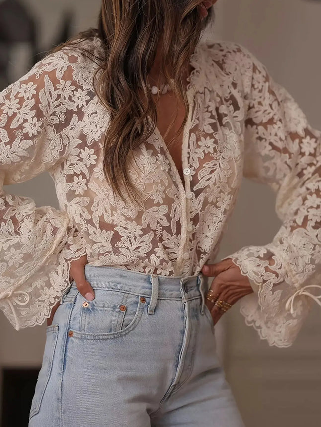 Lace Button Up Long Sleeve Blouse  Style Ratio