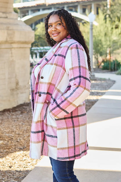 Double Take Plaid Button Up Lapel Collar Coat Trendsi