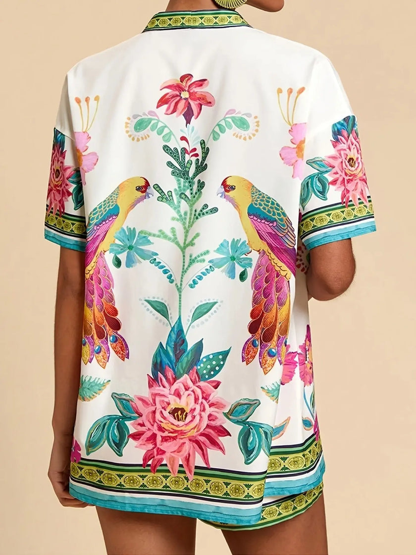 Printed Open Front Cardigan and Shorts Set  Style Ratio