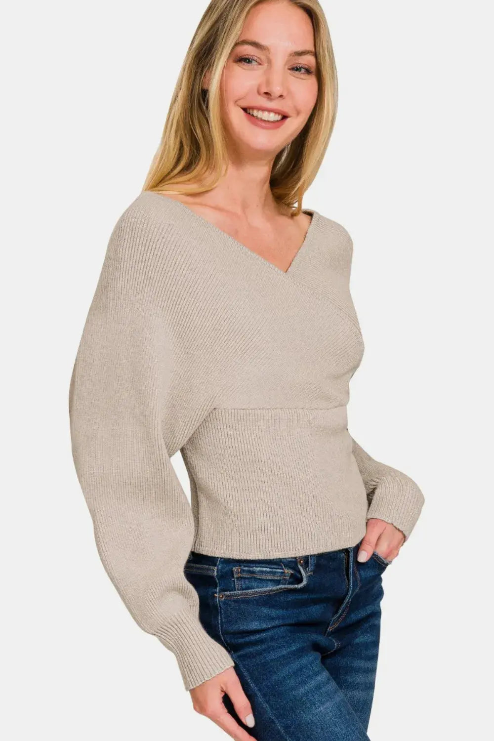 Zenana Cross Wrap Rib Long Sleeve Sweater  Style Ratio