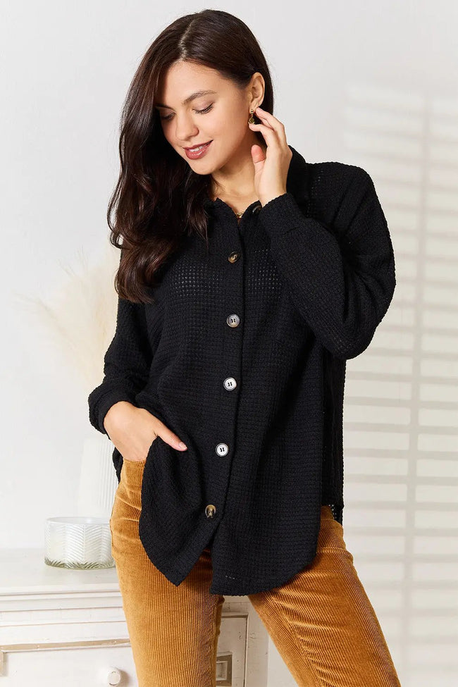 Double Take Waffle Knit Collared Neck Dropped Shoulder Long Sleeve Shirt  Style Ratio