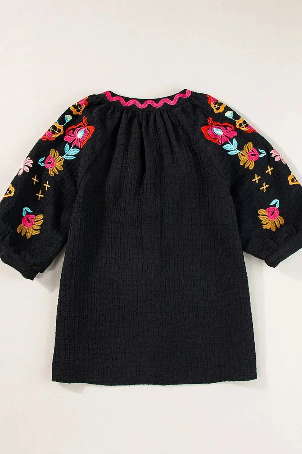 Floral Embroidered Notched Puff Sleeve Blouse  Style Ratio