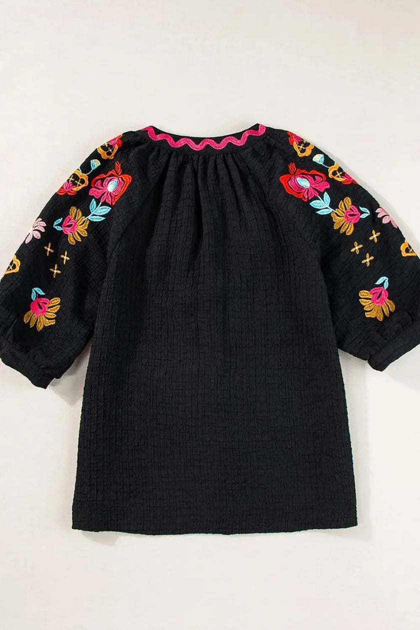 Floral Embroidered Notched Puff Sleeve Blouse  Style Ratio