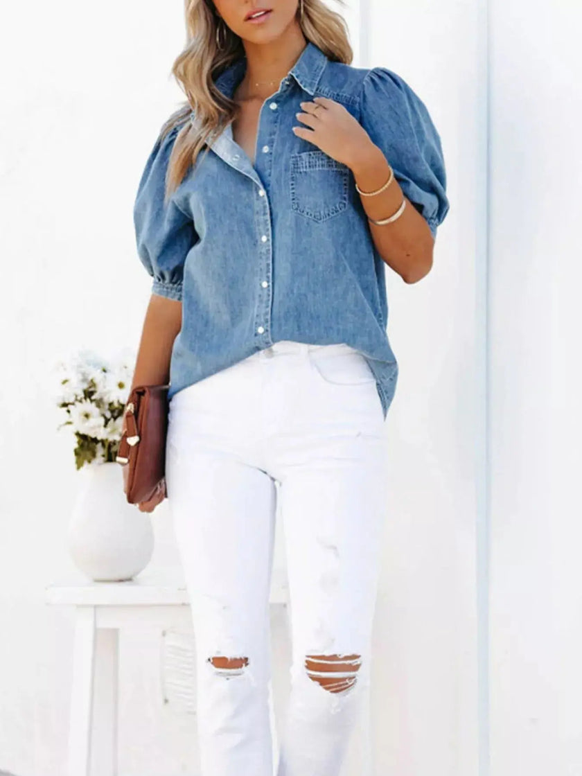 Puff Sleeve Button-Down Denim Top  Style Ratio