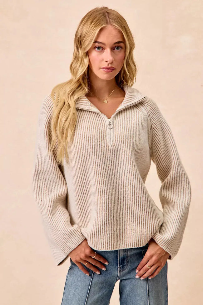 BiBi Two Tone Rib Textured Knit Collared Top with Zip Up  Style Ratio