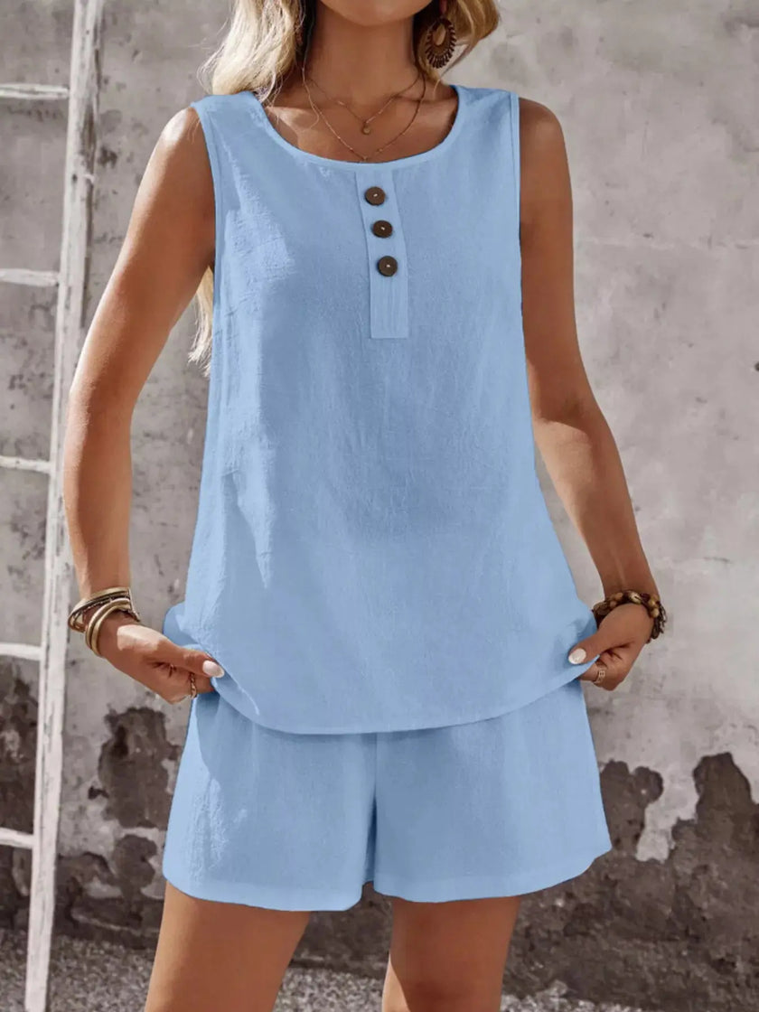Decor Button Round Neck Tank and Shorts Set  Style Ratio