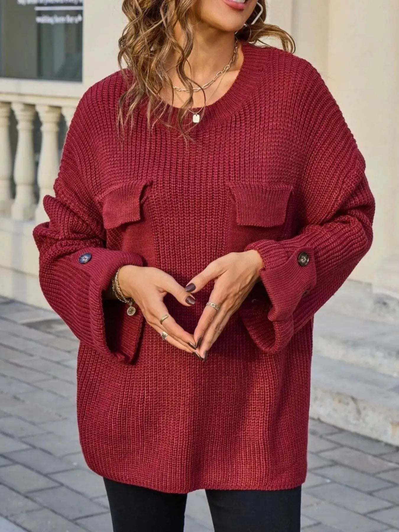 Pocket Detail Round Neck Sweater  Style Ratio