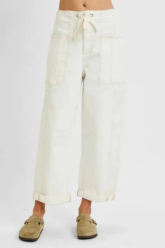 RISEN Full Size High Rise Crop Wide Barrel Cargo Pocket Jeans  Style Ratio