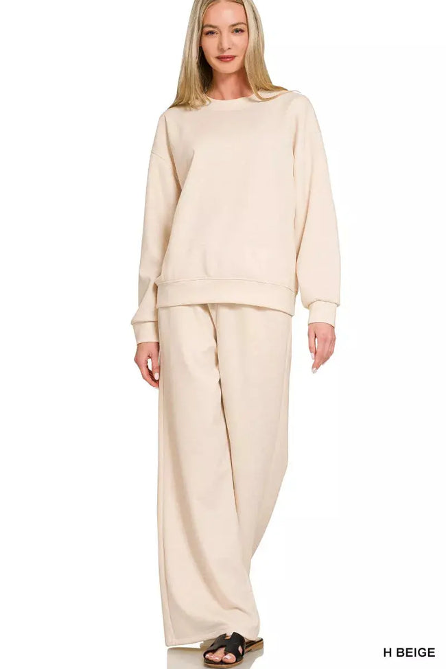 Zenana Scuba Crewneck Pullover and Pants Set  Style Ratio