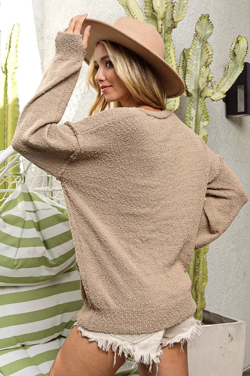 BiBi Raw Edged Popcorn Texture V-neck Sweater  Style Ratio