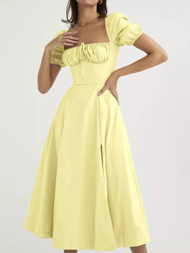 Puff Sleeve Tie Front Slit Midi Dress  Style Ratio