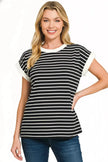Zenana Full Size Contrast Trim Cap Sleeve Stripe Sweater  Style Ratio