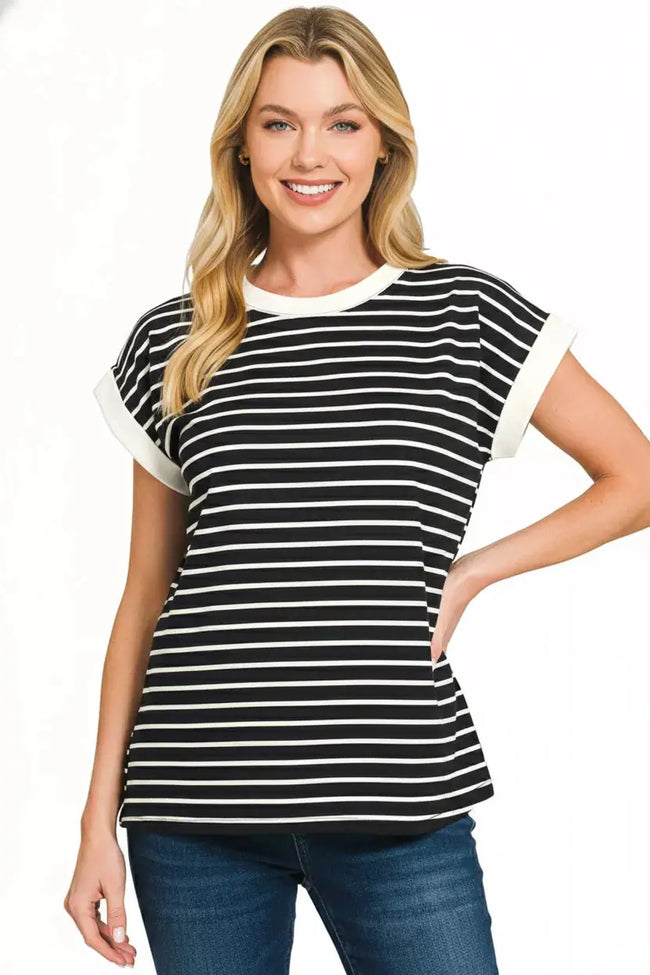 Zenana Full Size Contrast Trim Cap Sleeve Stripe Sweater  Style Ratio