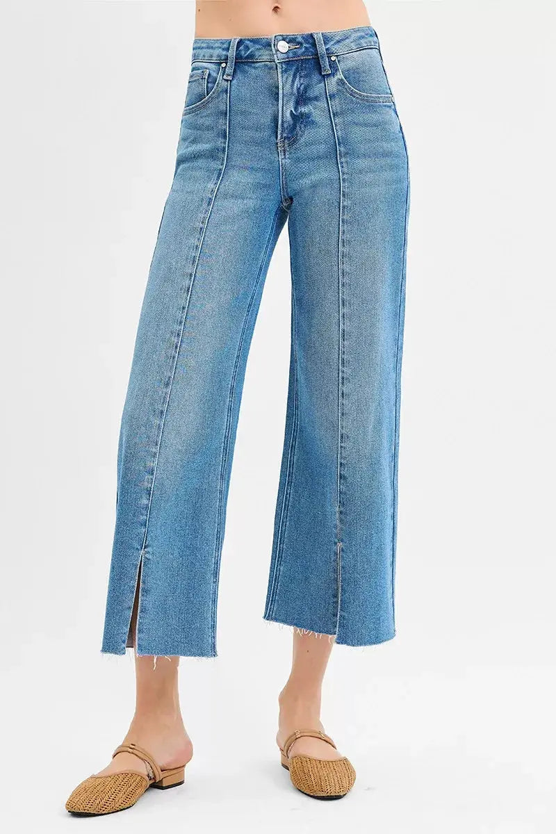 RISEN Tummy Control Mid Rise Crop Wide Front Slit Jeans  Style Ratio