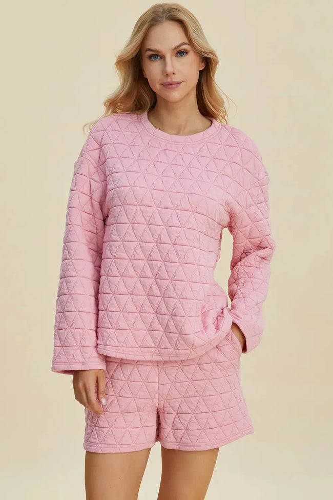 Double Take Texture Round Neck Long Sleeve Top and Shorts Set  Style Ratio
