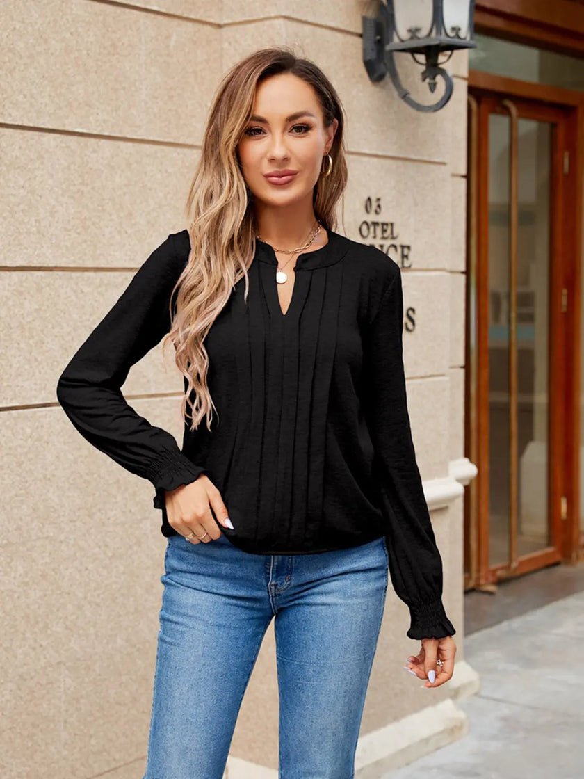 Pleated Notched Neck Flounce Sleeve Blouse  Style Ratio