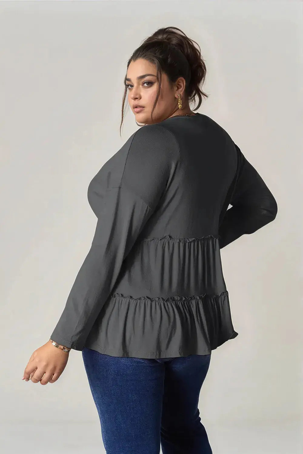 Double Take Half Button Long Sleeve Ruffle Hem Blouse  Style Ratio