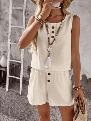 Decor Button Round Neck Tank and Shorts Set  Style Ratio