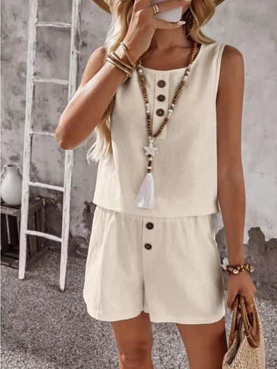 Decor Button Round Neck Tank and Shorts Set  Style Ratio