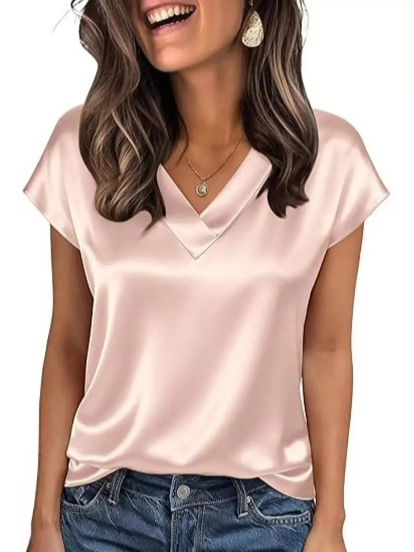Satin V-Neck Short Sleeve Blouse  Style Ratio