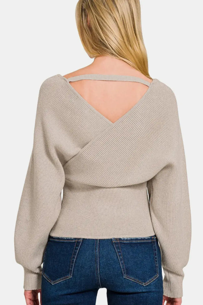 Zenana Cross Wrap Rib Long Sleeve Sweater  Style Ratio