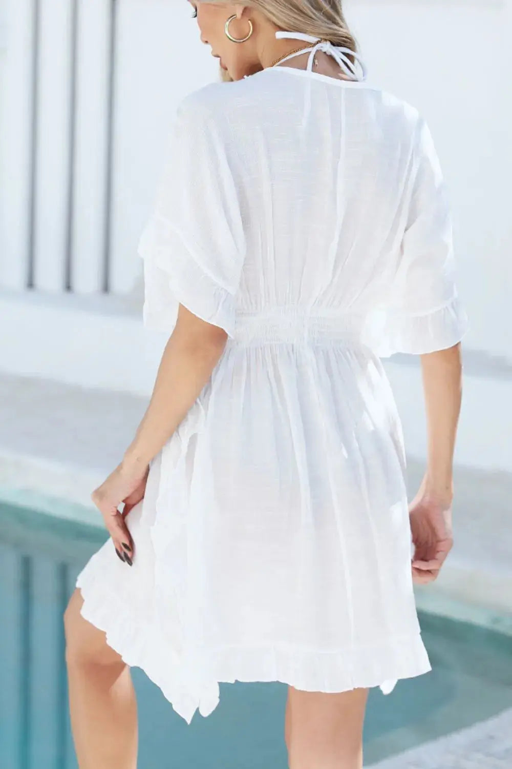Ruffled Smocked Waist V-Neck Cover-Up  Style Ratio