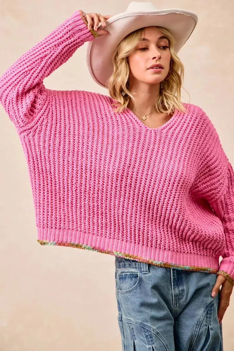 BiBi V Neck Sweater with Colorful Trim  Style Ratio