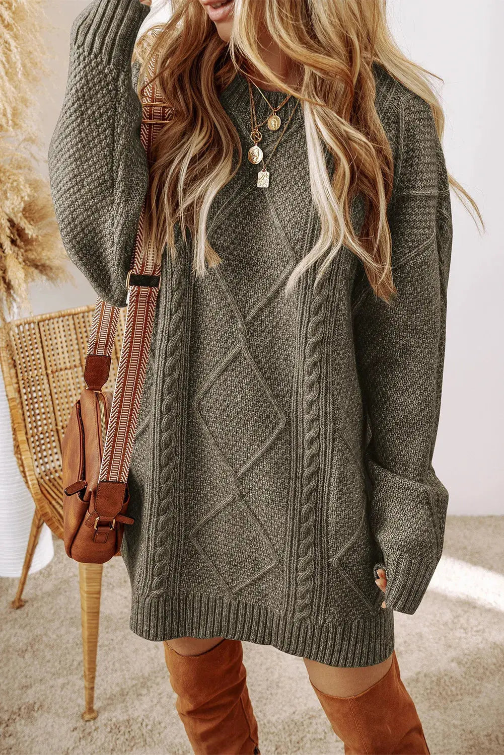 Cable-Knit Round Neck Sweater Dress  Style Ratio