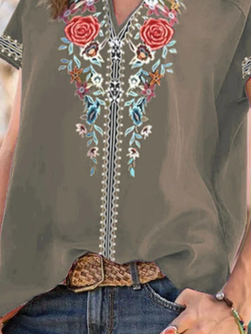 Full Size Floral Notched Short Sleeve Blouse  Style Ratio