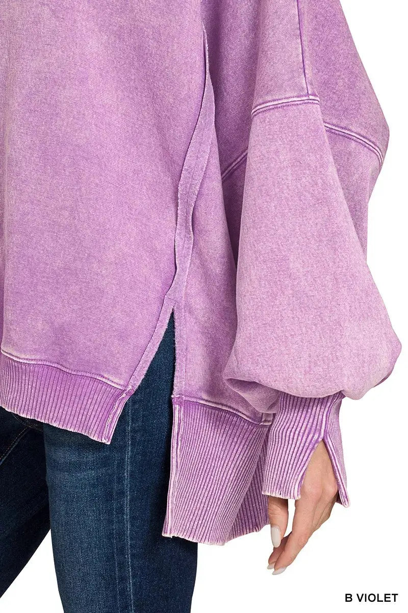 Zenana Acid Washed Batwing Sleeve Fleece Sweatshirt  Style Ratio