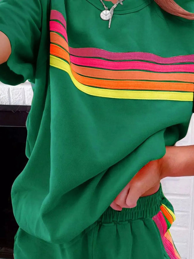 Rainbow Striped Round Neck Top and Shorts Set  Style Ratio