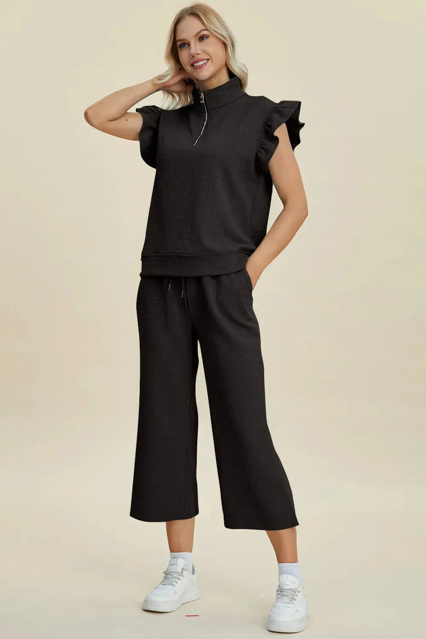 Double Take Full Size Texture Ruffle Short Sleeve Top and Wide Leg Pants Set  Style Ratio