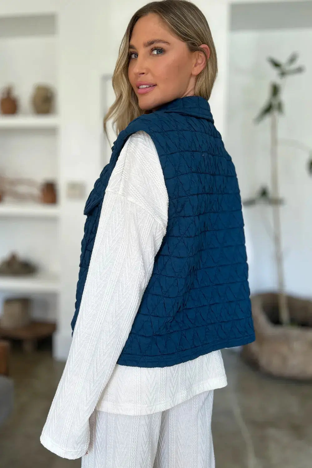 Double Take Full Size Pocketed Texture Snap Down Vest Coat  Style Ratio