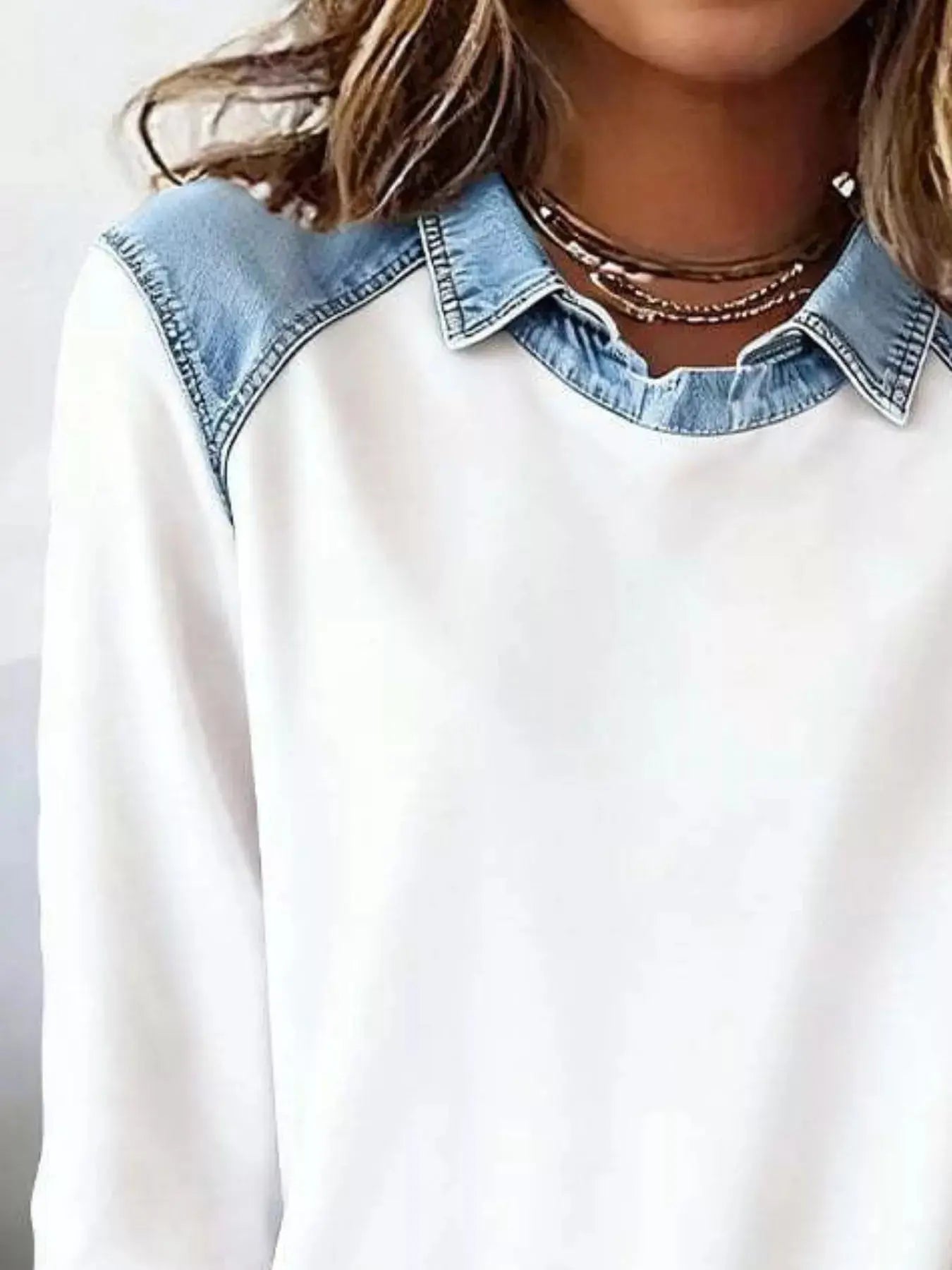 Full Size Denim Trim Long Sleeve Top  Style Ratio