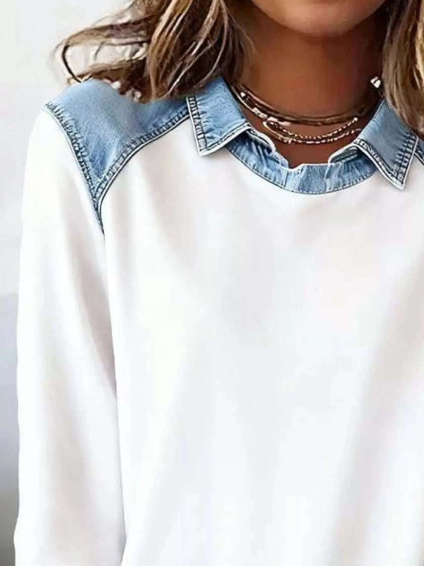 Full Size Denim Trim Long Sleeve Top  Style Ratio