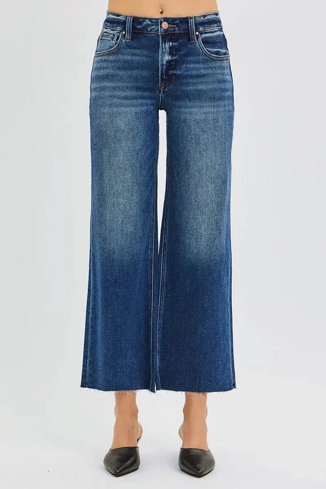 RISEN Full Size Mid Rise Crop Wide Raw Cut Hem Jeans  Style Ratio