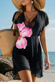 Floral Print V Neck Semi Sheer Beach Cover Up  Style Ratio